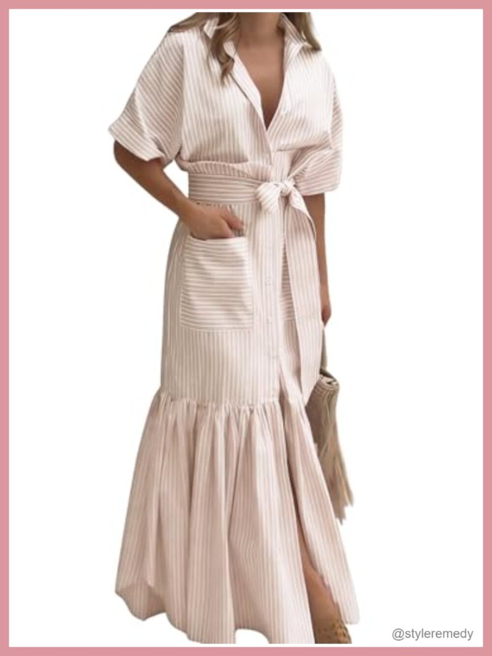 Striped Button Down Maxi Shirt Dress Tie Waist Short Sleeve Cotton Pockets